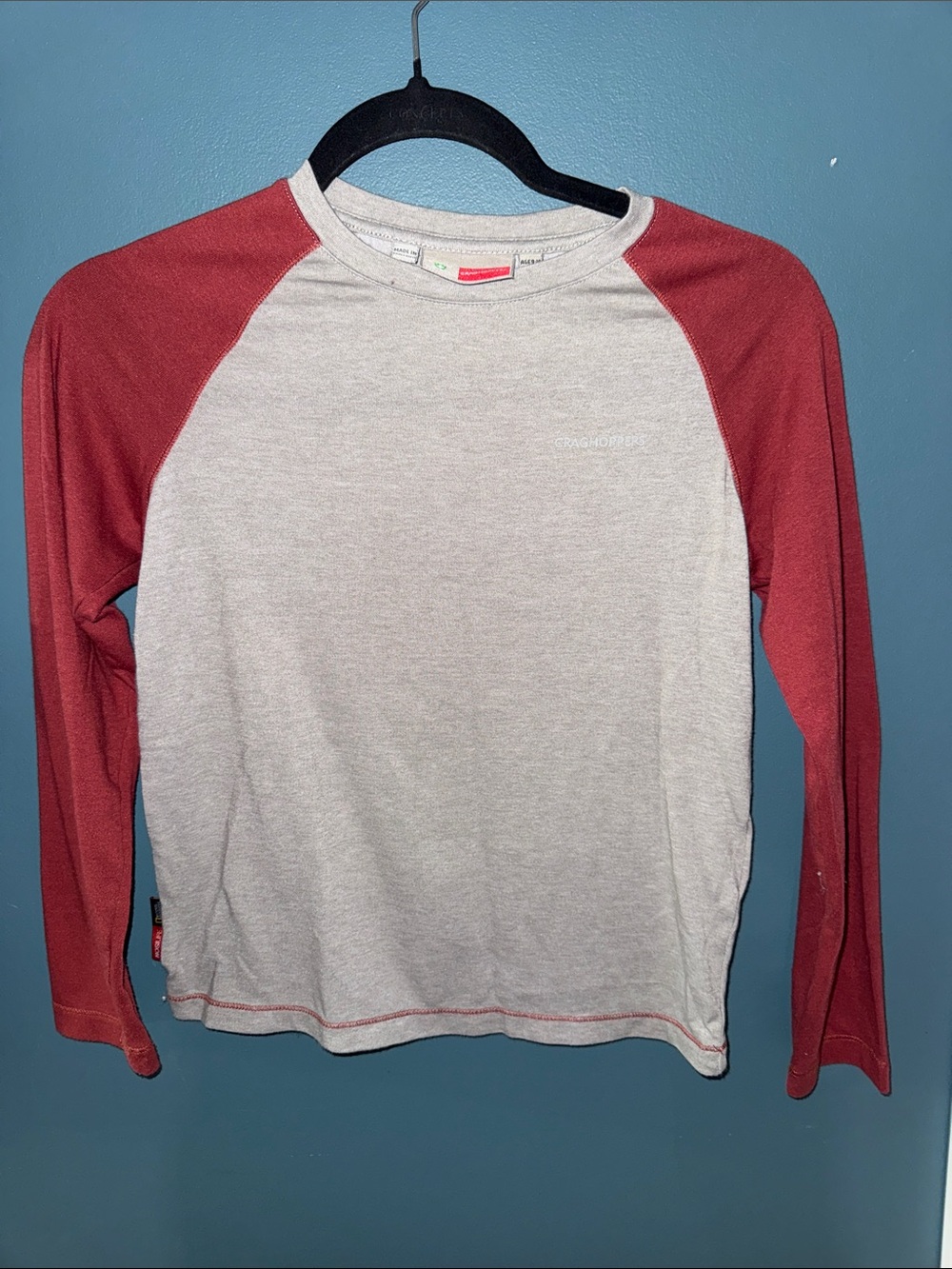 Craghoppers Kids Long-Sleeve Raglan Tee in Red and Light Gray